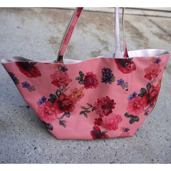 Bebe Reversible Floral Tote Bag Pink Vegan Leather Purse NWT Large - Picture 6 of 11